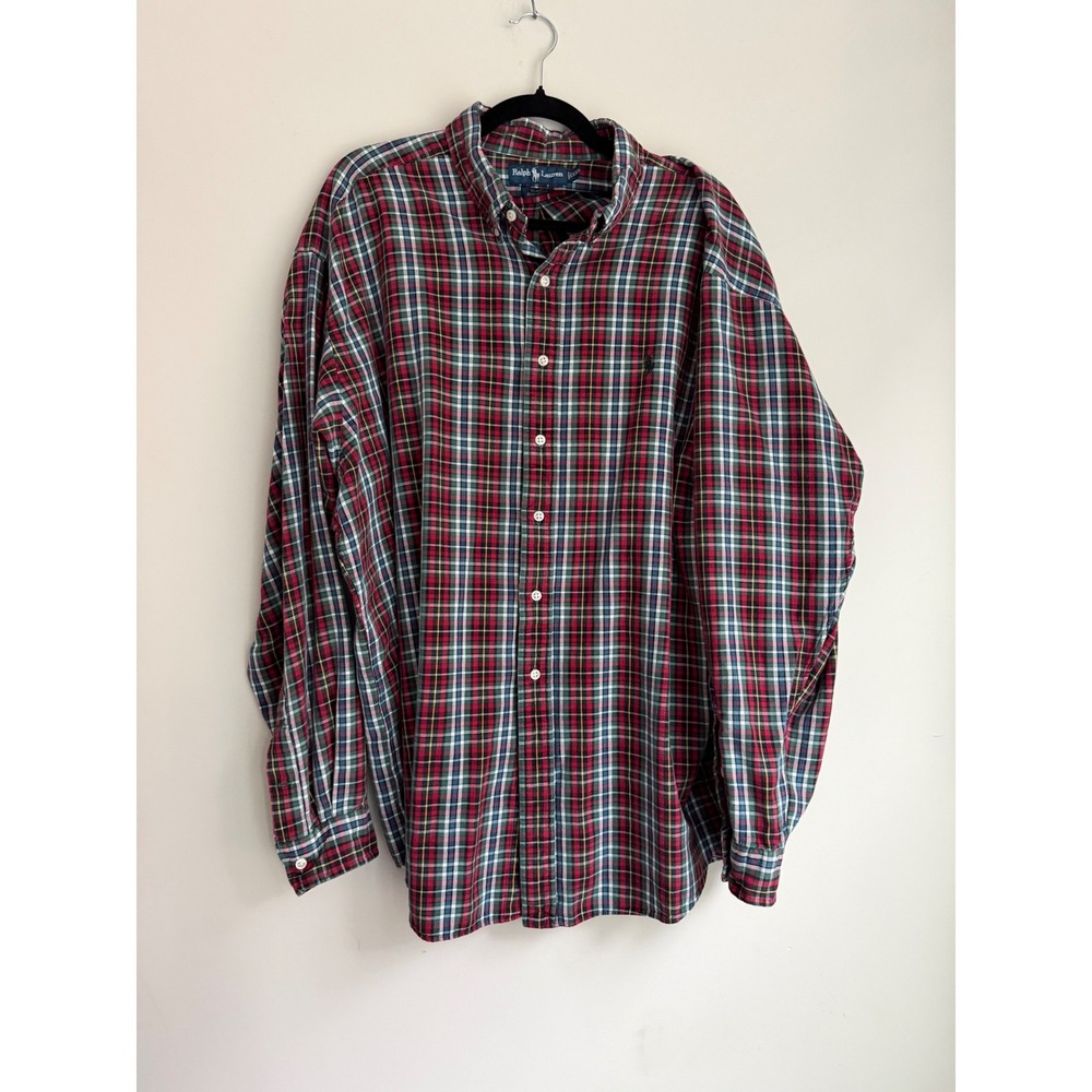 Polo Ralph Lauren Blake Mens XXL Plaid Button Down Shirt Red Green‎ Cotton Pony